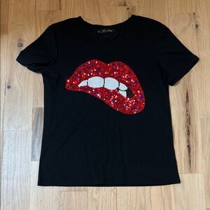 Black T-Shirt with Red Sequin Lips Design